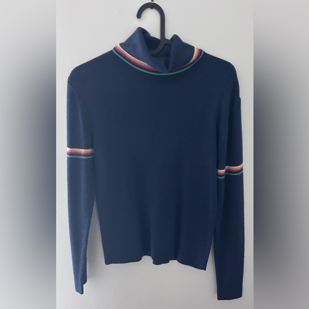 Vintage Navy Sweater with Rainbow Stripe Detail, Women’s Size S